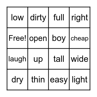 Opposite Bingo Card