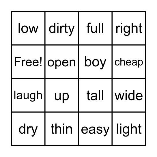 Opposite Bingo Card