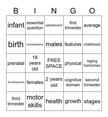 Physical Development Bingo Card