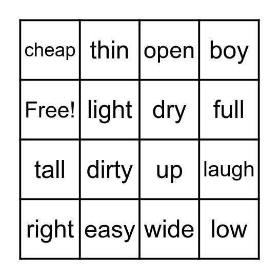 Opposite Bingo Card