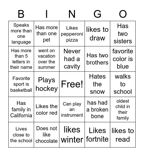 Get to know our class Bingo Card