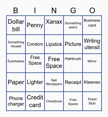 What’s in your bag lady? Bingo Card