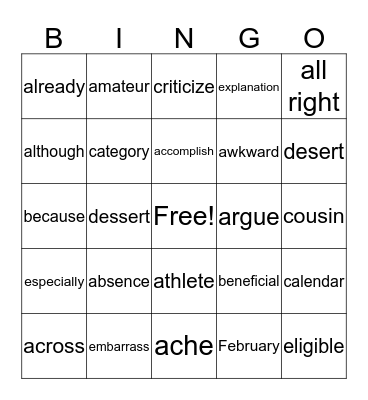 Fifth Grade High Frequendy Words Bingo Card