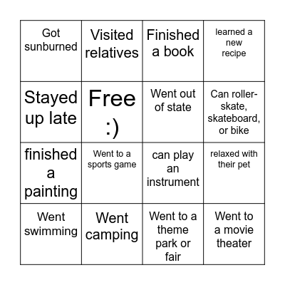 How Was Your Summer? Bingo Card