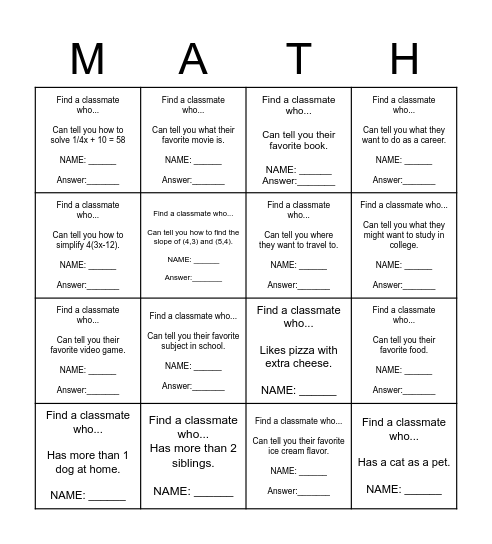Human Bingo - Math Class Edition Bingo Card