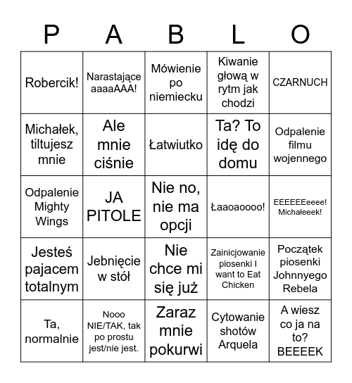 Pablo Bingo Card