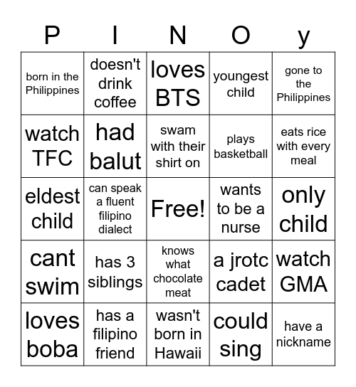 Filipino Bingo Card