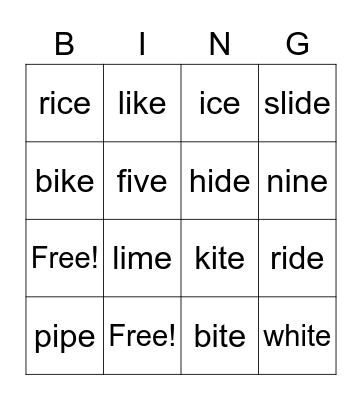 Long i with magic e /i_e/ Bingo Card