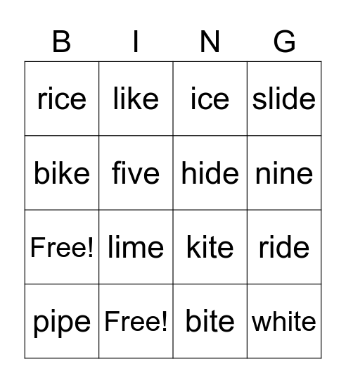 Long i with magic e /i_e/ Bingo Card