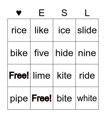Long i with magic e /i_e/ Bingo Card