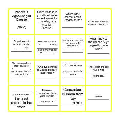 Cheese Bingo Card