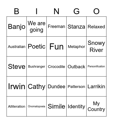 Australian Identity and Poetic Devices Bingo Card
