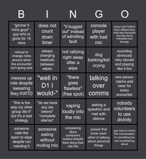 Destiny 2 Raid LFG Bingo Card