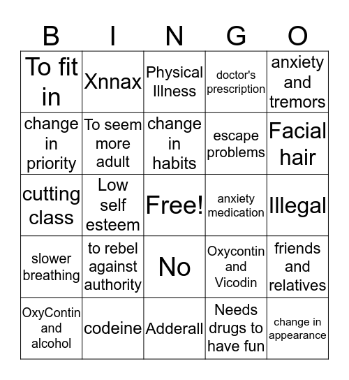 Drug prevention bingo Card