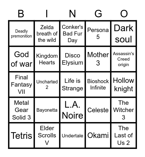 Les jeux à aimer Bingo Card