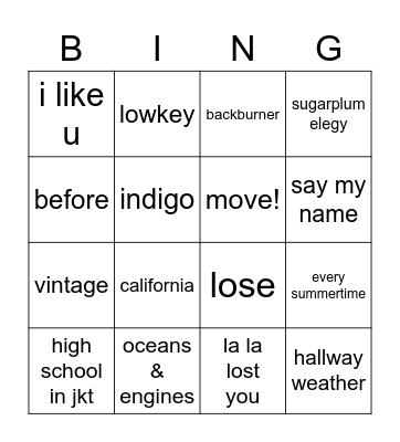 sangahy <3 Bingo Card
