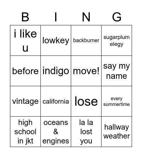 sangahy <3 Bingo Card