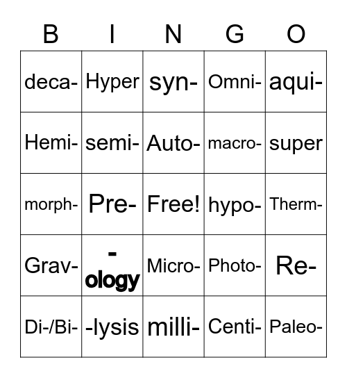 Prefix/Suffix Bingo Card