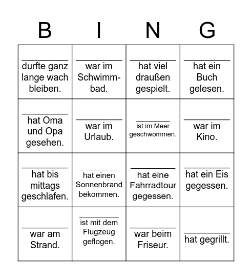 Das große Sommerferien Bingo Card