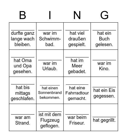 Das große Sommerferien Bingo Card