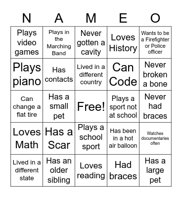 Class Nameo Bingo Card