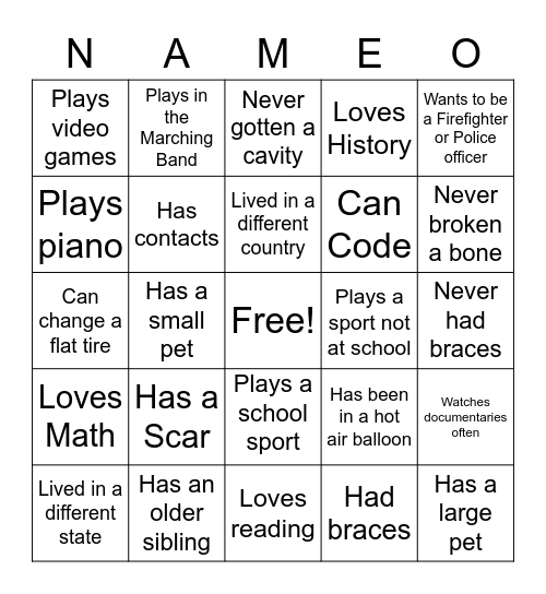 Class Nameo Bingo Card