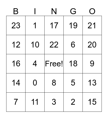 Number Bingo Card
