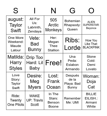 SINGO!!!! Bingo Card
