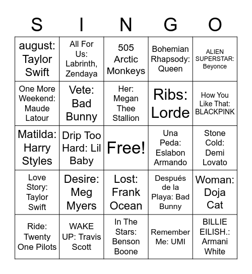 SINGO!!!! Bingo Card