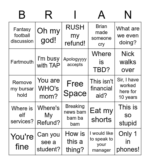 BURSAR BINGO Card