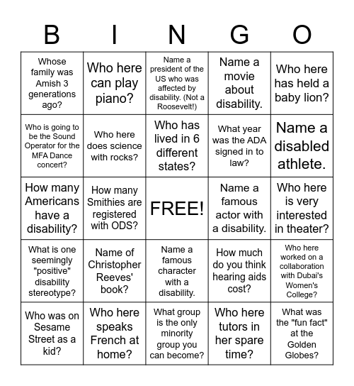 Disability Bingo Card