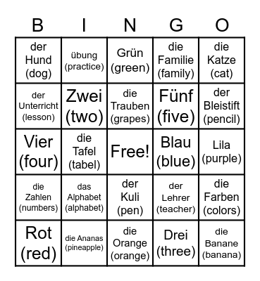 Intro to German Bingo Card