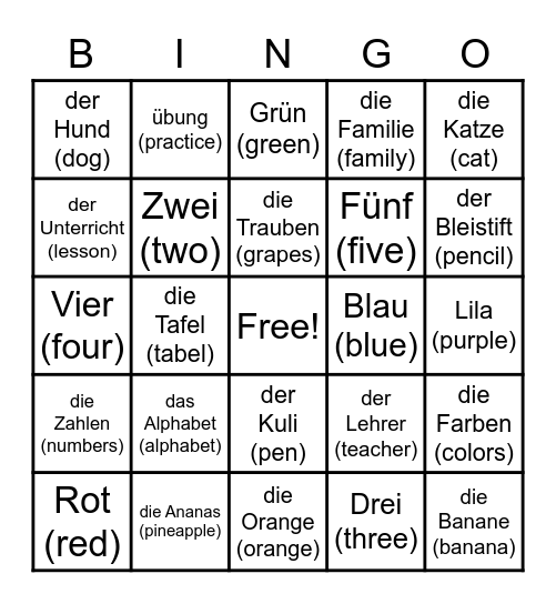 Intro to German Bingo Card