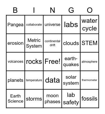 6th Grade Earth Science Bingo Card