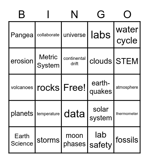 6th Grade Earth Science Bingo Card