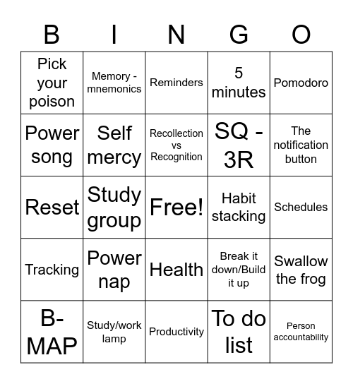 Productivity Bingo Card