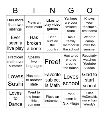 First Week of School Bingo Card