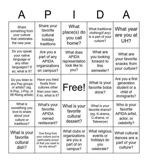 APIDA Bingo! Bingo Card