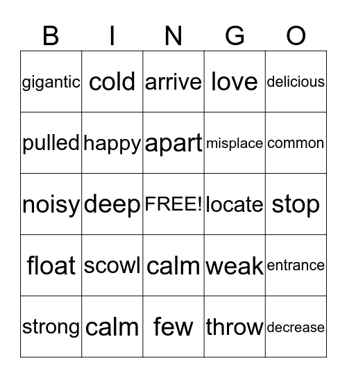 Antonyms Bingo Card