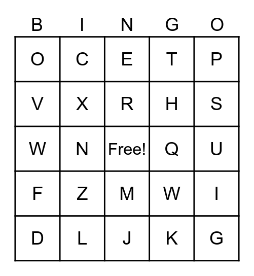 Alphabet Letters Bingo Card