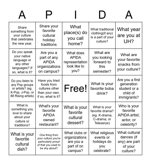 APIDA Bingo! Bingo Card