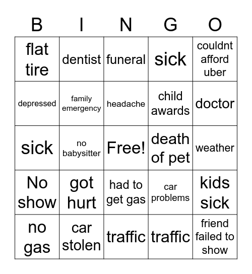 excuse bingo Card