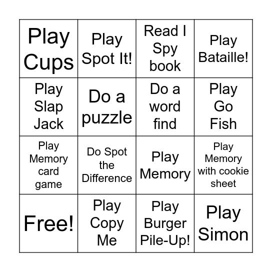 Visual Memory Activities Bingo Card
