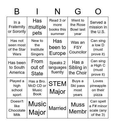 Institute Singers Get To Know You Bingo Card