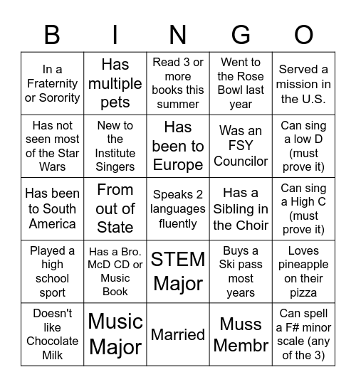 Institute Singers Get To Know You Bingo Card