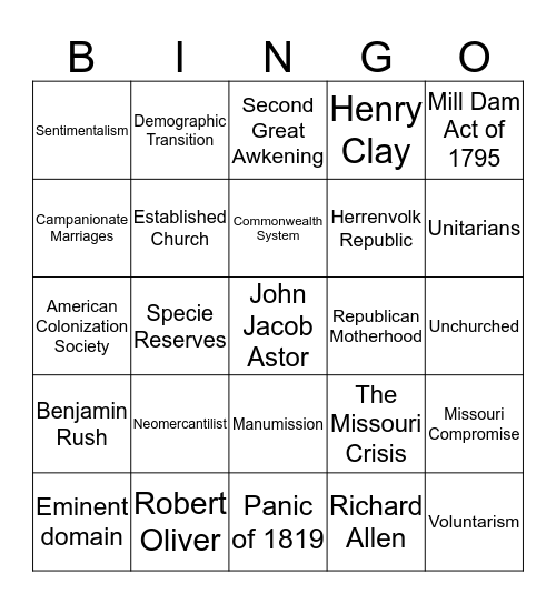 Chapter 8 Reading Guide Bingo Card