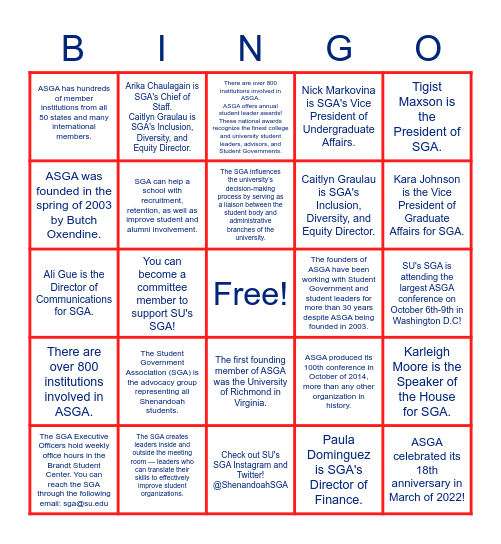 Get-To-Know SGA! Bingo Card