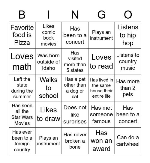 Middle School Bingo Card