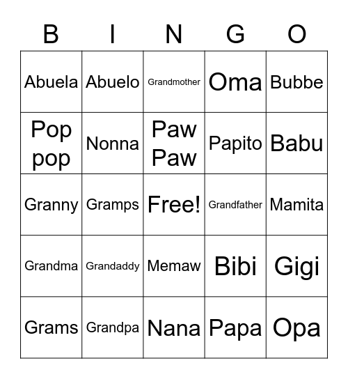 Grandparent's Day BINGO Card