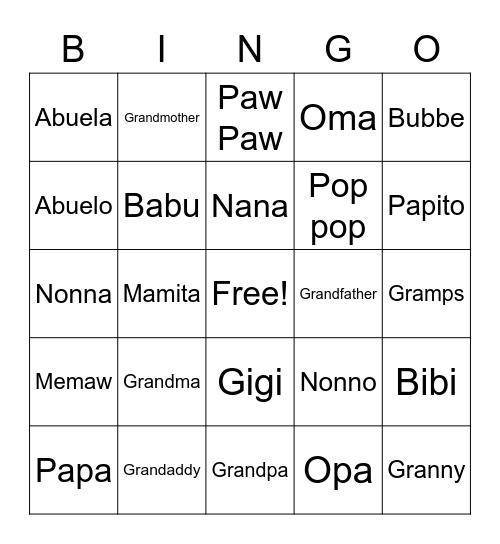 Grandparent's Day BINGO Card